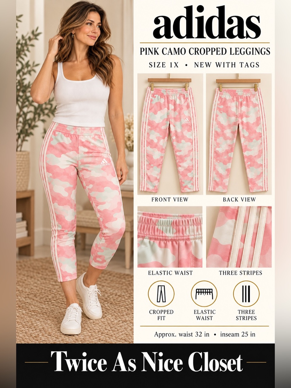 adidas Pink & White Camouflage Leggings Pants NEW 1X